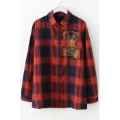 Bear Embroidered Plaid Printed Lapel Collar Long Sleeve Button Down Shirt