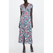 Floral Printed V Neck Short Sleeve Button Embellished Split Front Maxi A-Line Dress
