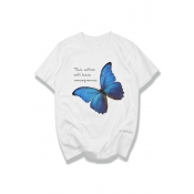 Butterfly Letter Printed Round Neck Short Sleeve Tee