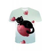 3D Balloon Cat Printed Round Neck Short Sleeve Tee