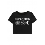 WITCHES Letter Cobweb Printed Round Neck Short Sleeve Crop Tee