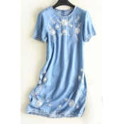 Floral Embroidered Round Neck Short Sleeve Midi A-Line Denim Dress