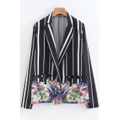 Striped Floral Printed Notched Lapel Collar Long Sleeve Blazer