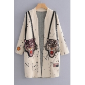 Unique Sequined Tiger Paint Splatter Printed Long Sleeve Tunic Cardigan