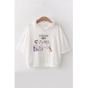 FRIDAY NIGHT Letter Cat Printed Short Sleeve Hooded Tee