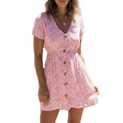 Chic Button Down V Neck Floral Printed Short Sleeve Mini A-Line Dress