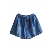 Cute Cat Embroidered Drawstring Waist Loose Denim Culottes
