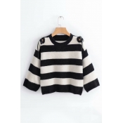 Color Block Striped Round Neck Hollow Out Straps Embellished Shoulder Long Sleeve Sweater