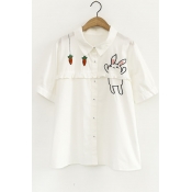 Rabbit Carrot Embroidered Lapel Collar Button Down Short Sleeve Shirt