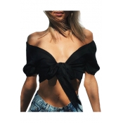 Off The Shoulder Short Sleeve Knotted Front Crop Tee