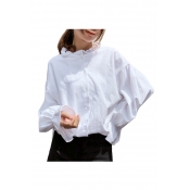 Stand Up Collar Long Sleeve Button Down Plain Chic Blouse