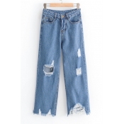 Cut Out Detail Distressed Zip Up Loose Straight Jeans