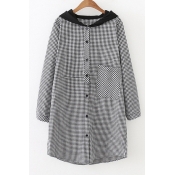 Plaid Printed Long Sleeve Button Down Applique Tunic Hooded Blouse