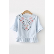 Floral Embroidered Lace Up Front Round Neck Short Sleeve Ruffle Detail Crop Blouse