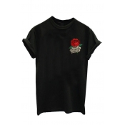 Letter Rose Embroidered Round Neck Short Sleeve Tee