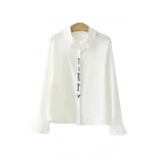 Letter Embroidered Placket Lapel Collar Long Sleeve Button Down Shirt