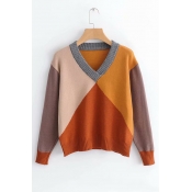 Color Block V Neck Long Sleeve Sweater