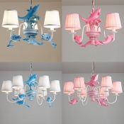 3/6 Lights Dolphin Island Chandelier Kids Room Fabric Suspension Light in Blue/Pink