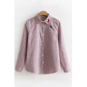 Leaf Embroidered Striped Printed Lapel Collar Long Sleeve Button Down Shirt