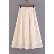 Elastic Waist Leisure Plain Maxi Pleated Skirt