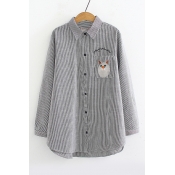 Letter Cat Embroidered Pocket Button Down Long Sleeve Lapel Collar Tunic Shirt