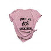 Cat SHOW ME YOUR KITTIES Letter Printed Round Neck Short Sleeve Tee