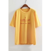 SMILE Letter Printed Round Neck Short Sleeve Loose Tee