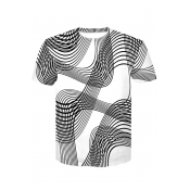 3D Wave Printed Round Neck Short Sleeve T-Shirt