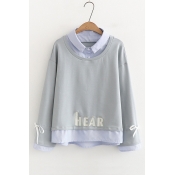 Fake Two Piece Lapel Collar Long Sleeve HEAR Letter Embroidered Sweatshirt