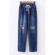 Drawstring Waist Cat Paw Embroidered Straight Jeans