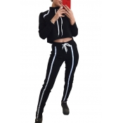 Contrast Striped High Neck Long Sleeve Crop Top with Drawstring Waist Skinny Pants Co-ords