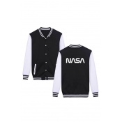 NASA Letter Color Block Contrast Striped Trim Long Sleeve Button Front Baseball Jacket