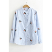 Stand Collar Floral Embroidered Striped Printed Long Sleeve Button Front Shirt