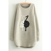 Pearl Embellished Swan Applique Round Neck Long Sleeve Tunic Sweater