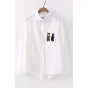 Two Cats Embroidered Button Up Long Sleeve Lapel Collar Leisure Shirt