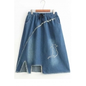 Cat Embroidered Cut Out Detail Hem Drawstring Waist Midi A-Line Denim Skirt