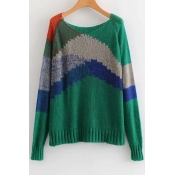 Casual Color Block Round Neck Long Sleeve Loose Sweater