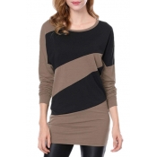 Color Block Round Neck Long Sleeve Slim Mini T-Shirt Dress