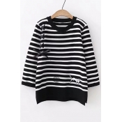 Cat Embroidered Lace Up Detail Striped Round Neck 3/4 Length Sleeve Sweater