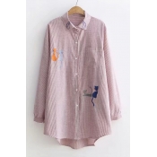 Cat Embroidered Striped Printed Button Up Lapel Collar Long Sleeve Tunic Shirt
