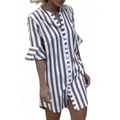 Button Front Stand Up Collar Striped Printed Half Sleeve Mini Shirt Dress