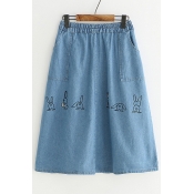 Cute Rabbit Printed Elastic Waist Denim Midi A-Line Skirt