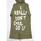 I REALLY DON'T Letter Printed Back Long Sleeve Zip Up Trench Coat with Detachable Hood