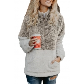 Color Block Zippered High Neck Long Sleeve Warm Faux Fur Sweater