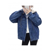 Letter Animal Embroidered Back Button Front Long Sleeve Denim Jacket with Detachable Hood