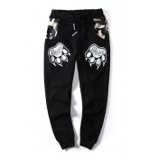 Letter Paw Printed Camouflage Patchwork Drawstring Waist Loose Cuffed Pants