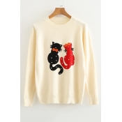 Cat Printed Pearl Embellished Round Neck Long Sleeve Sweater