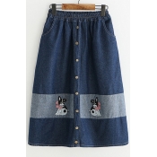 Dog Embroidered Color Block Elastic Waist Button Front Midi A-Line Denim Skirt