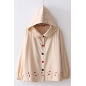 Chic Floral Embroidered Button Front Long Sleeve Hooded Jacket