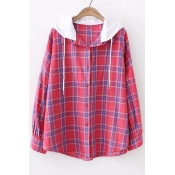 Contrast Hood Plaid Printed Long Sleeve Button Front Hooded Shirt